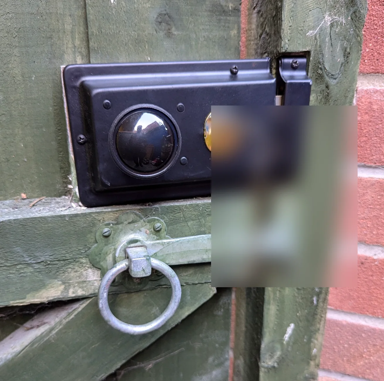 Replacement black surface mounted lock fitted to a green timber gate